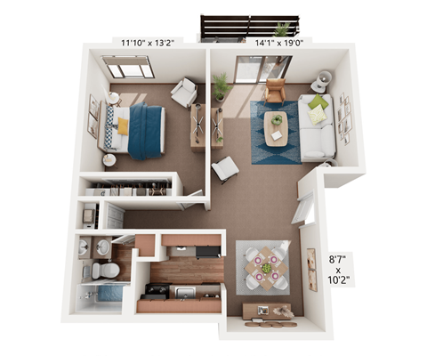 A floor plan of a small apartment with a living room, kitchen, and two bedrooms.